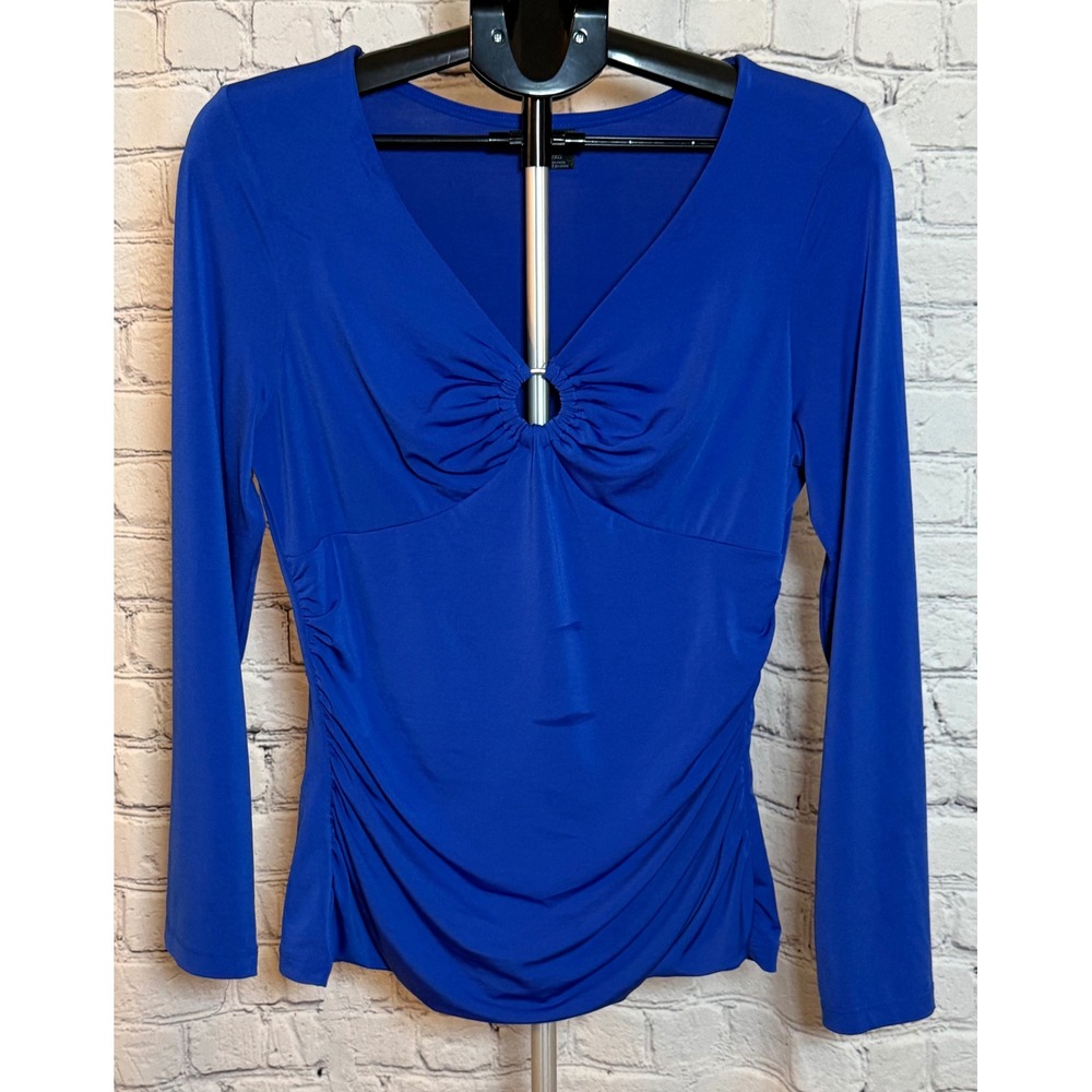 Paisley Sky Womens Royal Blue Ruched O-Ring Keyhole V-Neck Long Sleeve Top XL